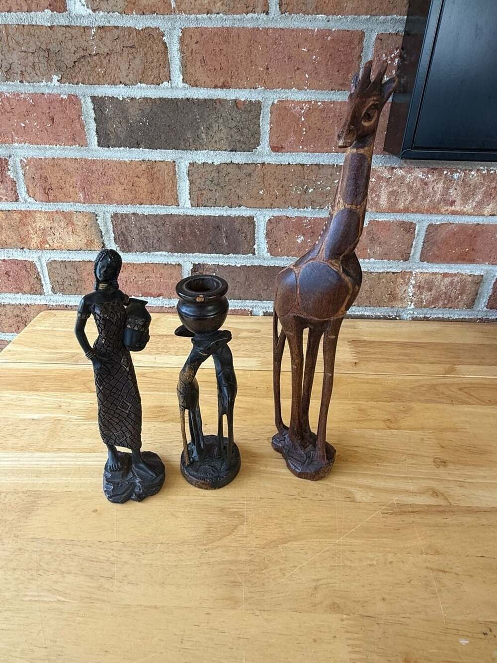 Vintage Hand-Carved African Wooden Figurines - Woman, Giraffes, and Candlestick